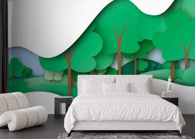 green ecology and environment concept with nature forest landscape paper art abstract background.vec Wall mural