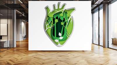 Green ecology and environment conservation sustainable resource.Paper art of green heart shape with trees and forest vector illustration. Wall mural