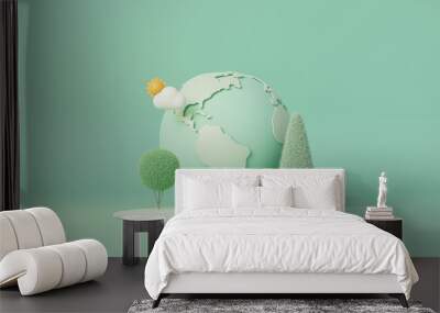 Happy earth day concept.3D green earth on pastel color background.Minimal scene for mockup design. 3D rendering illustration. Wall mural