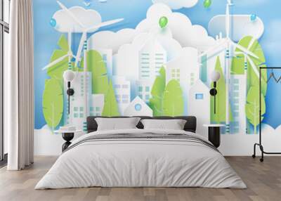 Nature landscape and green eco urban city concept of renewable energy and environment conservation.Paper art style vector illustration. Wall mural