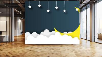 Night scene with clouds,stars and crescent moon on midnight sky background paper art style design.Vector illustration. Wall mural