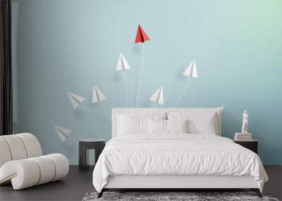 paper airplanes flying on blue sky and cloud.paper art style of business teamwork creative concept i Wall mural