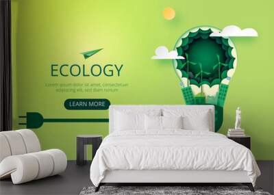 Paper art of green ecology and save energy for environment conservation concept landing page website template background.Vector illustration. Wall mural