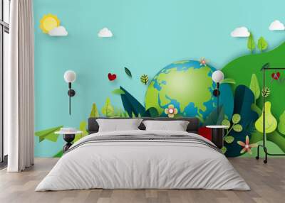 Paper art of green nature and earth day concept background template.Ecology and environment conservation concept.Vector illustration. Wall mural