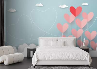 Paper art style of valentine's day greeting card and love concept.Origami floating hearts from clouds on blue sky background.Vector illustration. Wall mural