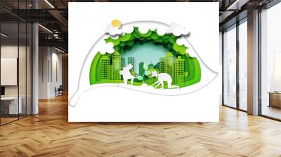 Planting tree in eco city with green leaf background layers paper art style.Ecology and environment conservation concept.Vector illustration. Wall mural