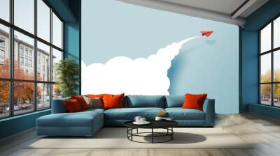 Red paper airplanes flying on blue sky and cloud.Paper art style of business success and leadership creative concept idea.Vector illustration Wall mural