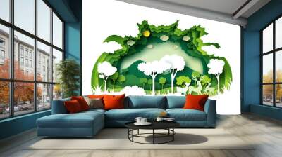 Save the world with ecology and environment conservation concept.Green forest and deers wildlife with nature background layers paper art style.Vector illustration. Wall mural