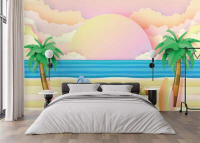 Summer beach and travel banner concept design on blue wave ocean background.Paper art vector illustration Wall mural