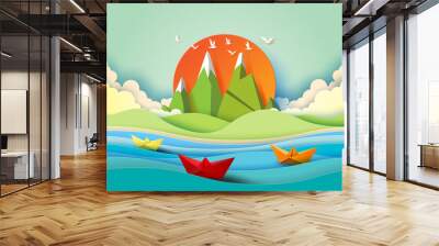 summer concept with island, beach and colorful paper boats sailing on the sea.paper art style vector Wall mural