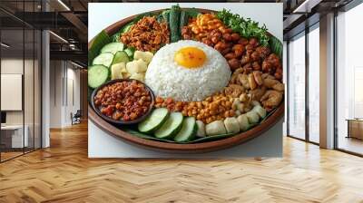 Delicious Indonesian Nasi Lemak with Fried Chicken, Sambal, Cucumber, and Egg - Food Photography Wall mural