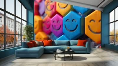 Vibrant hexagonal smiley faces a colorful display of emotions in a modern abstract design Wall mural