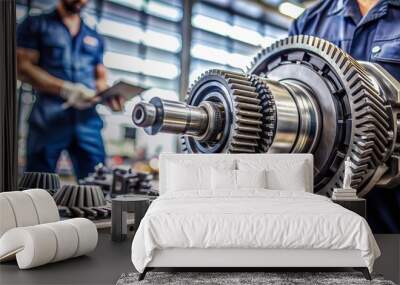 A close-up shot of a manual transmission's internal gears and components, with a blurry background of tools and machinery in a mechanic's garage workshop. Wall mural