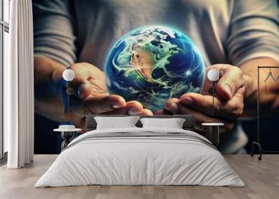 A dramatic close-up of a human hand cradling a stylized 3D globe icon, symbolizing care, protection, and connection to the global community. Wall mural