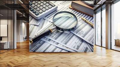 A magnifying glass hovers above a cluttered desktop scattered with financial documents, calculator, and pens, spotlighting a single suspicious transaction amidst a sea of numbers. Wall mural