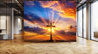 A majestic cross silhouette stands tall against a vibrant sunset, evoking feelings of hope, redemption, and divine love for humanity in a powerful spiritual moment. Wall mural