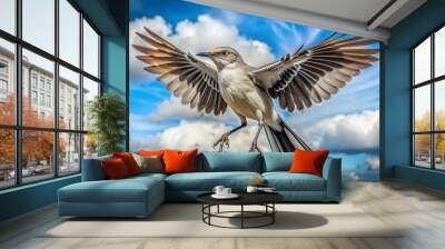 A majestic northern mockingbird in mid-flight, wings outstretched, showcasing its striking gray and white feathers against a bright blue cloudy sky. Wall mural