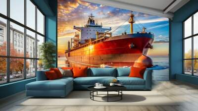 A massive tanker vessel sails through calm waters, its rust-colored hull gleaming in the sunlight, with cargo cranes and pipes lining its deck. Wall mural