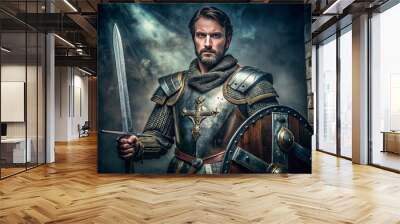 A medieval knight with a noble expression, adorned in ornate armor, poses with a sword and shield, symbolizing chivalry and honor. Wall mural