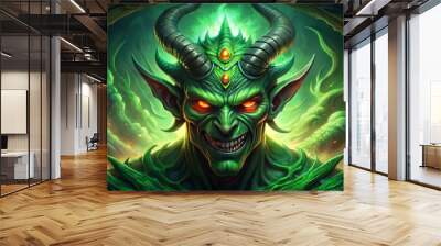 A menacing green demon with horns and scales emerges from a swirling vortex of darkness, its glowing red eyes fixed on its next victim. Wall mural