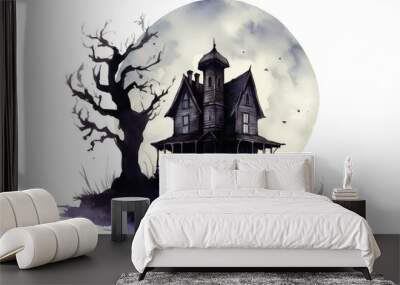 A menacing silhouette of a haunted house against a full moon backdrop.  Wall mural