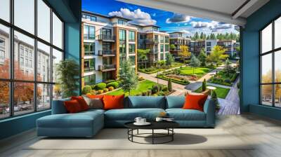 A modern apartment complex with multiple buildings, lush greenery, and outdoor amenities, conveying a sense of community and residential living. Wall mural