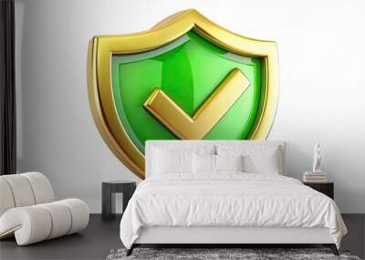 A shiny 3D icon of a guarantee symbol, with a bright green checkmark and a golden shield, conveying trust, reliability, and assurance on a white background. Wall mural