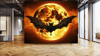 A spooky black bat silhouette with outstretched wings flies against a bright orange full moon on a dark gradient background, perfect for Halloween designs. Wall mural