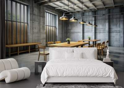 A vacant wooden table and chairs sit in a designated no-food no-smoking area, surrounded by gray industrial walls and a polished concrete floor. Wall mural