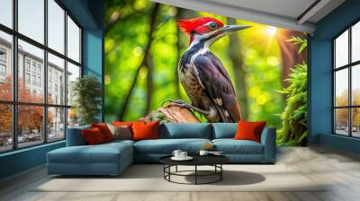 A vibrant pileated woodpecker perches on a sun-dappled tree trunk, its bright red crest and black-and-white feathers glistening amidst lush green forest foliage. Wall mural