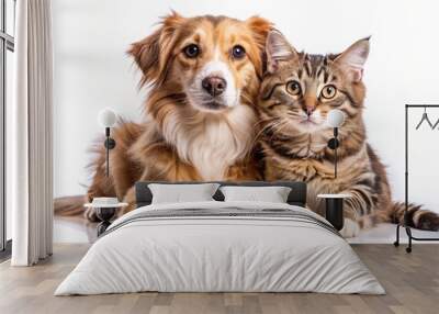 Adorable dog and cat duo posing together in perfect harmony, showcasing heartwarming friendship and incredible affection, isolated on a transparent background. Wall mural