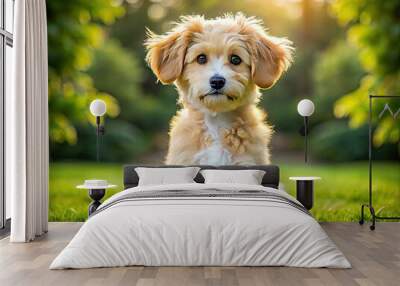 Adorable small-sized crossbreed dog with fluffy golden fur, floppy ears, and curly tail, sitting on a green grassy lawn, looking playful and curious. Wall mural