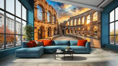 Ancient stone arches and columns surround a sunlit, empty arena, evoking a sense of history and grandeur in this historic Roman amphitheater. Wall mural