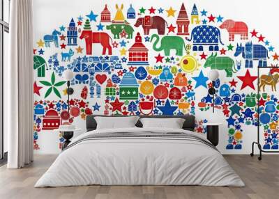 Assorted colorful icons representing various political parties, including elephants, donkeys, and other symbolic graphics, arranged in a collage on a white background. Wall mural