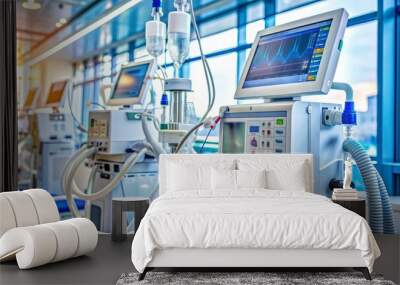 Close-up of a modern intensive care unit ventilator machine with various tubes and wires connected, against a blurred hospital background with medical equipment. Wall mural