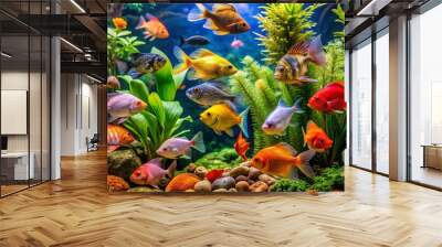 Colorful aquarium with tropical fish swimming among plants and decorative elements in clear water Wall mural