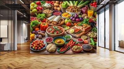 Colorful array of fresh fruits, vegetables, meats, and international dishes spread across a laden table, epitomizing a vibrant and diverse culinary celebration. Wall mural