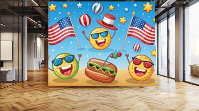 Colorful cartoon illustration of American flags, patriotic banners, and smiling summer icons, including Wall mural