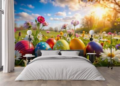 Colorful Easter eggs surrounded by blooming flowers symbolizing renewal and the spirit of spring Wall mural