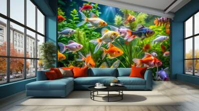 Colorful Fish Swimming Gracefully in a Well-Designed Aquarium with Lush Green Aquatic Plants Wall mural