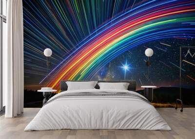 Colorful hand-drawn shooting star with trails shining bright against a dark night sky background Wall mural