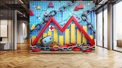 Colorful infographic illustrating the overwhelming burden of debt, featuring puzzles, chains, and money symbols surrounded by red flags, warning signs, and declining graphs. Wall mural