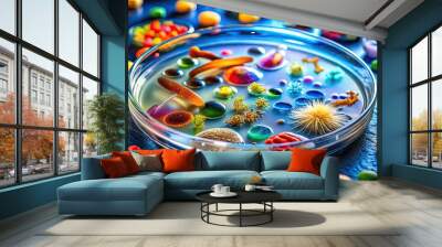 Colorful microscopic image of various microorganisms, including bacteria and cells, on a petri dish, highlighting microbiological studies and scientific research in laboratory setting. Wall mural