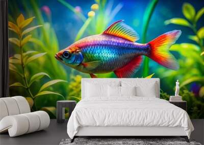 Colorful Rainbow Pet Fish Swimming Gracefully in a Crystal Clear Aquarium with Lush Green Plants Wall mural