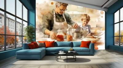 Cooking: An engaging photo showcasing a father and child teaming up in the kitchen, cooking or baking together, emphasizing shared experiences and skills. Watercolor, Wall mural