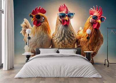 Cool and trendy chickens wearing stylish shades pose confidently on a brightly lit studio background, adding a touch of humor and whimsy to any setting. Wall mural