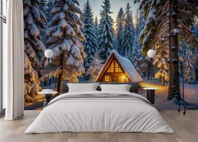 Cozy A-frame cabin buried under thick snowfall in a serene winter forest, surrounded by towering trees, with a warm glow emanating from within. Wall mural