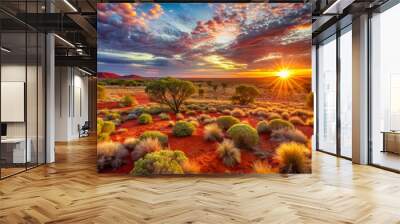 Crimson Outback Sunrise: Sun rising over arid red plains, painterly, vibrant, warm Wall mural