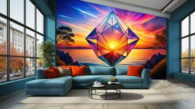 Crystalline Sunset Silhouette: Ethereal, vibrant colors, sharp edges, geometric shapes, illuminated backdrop, nature Wall mural