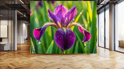 Delicate purple iris flower blooms in a lush green garden, petals unfolding like regal velvet, surrounded by slender grass blades and morning dew droplets. Wall mural